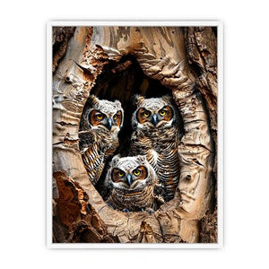 Owl family inside tree hollow detailed wildlife nature wall art