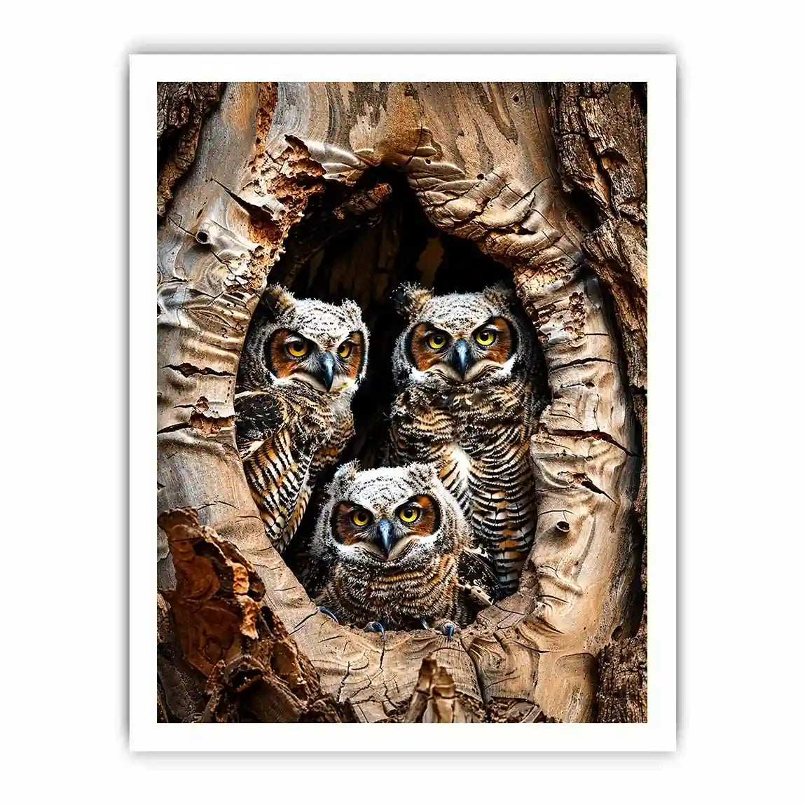 Owl family inside tree hollow detailed wildlife nature wall art