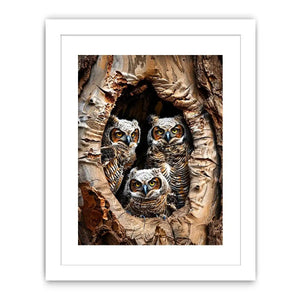 Owl family inside tree hollow detailed wildlife nature wall art