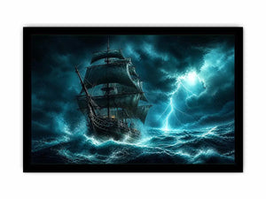 Sailing ship in stormy ocean with lightning dramatic cinematic luxury wall art