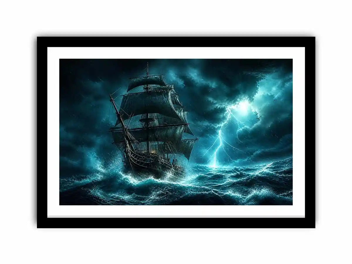 Sailing ship in stormy ocean with lightning dramatic cinematic luxury wall art