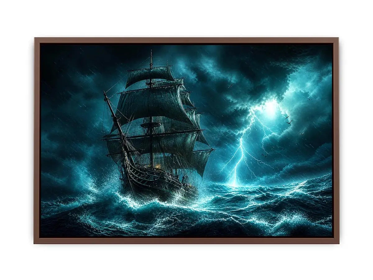 Sailing ship in stormy ocean with lightning dramatic cinematic luxury wall art