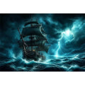 Sailing ship in stormy ocean with lightning dramatic cinematic luxury wall art