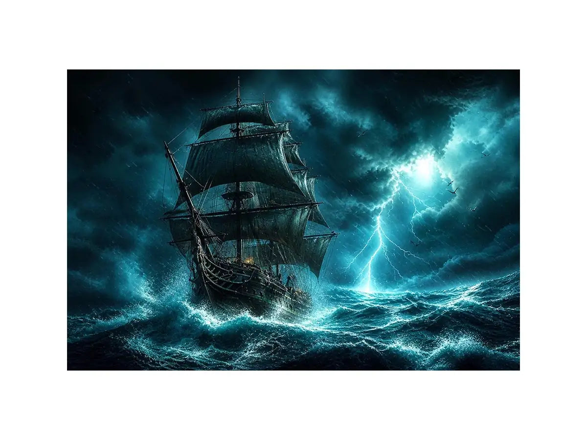Sailing ship in stormy ocean with lightning dramatic cinematic luxury wall art