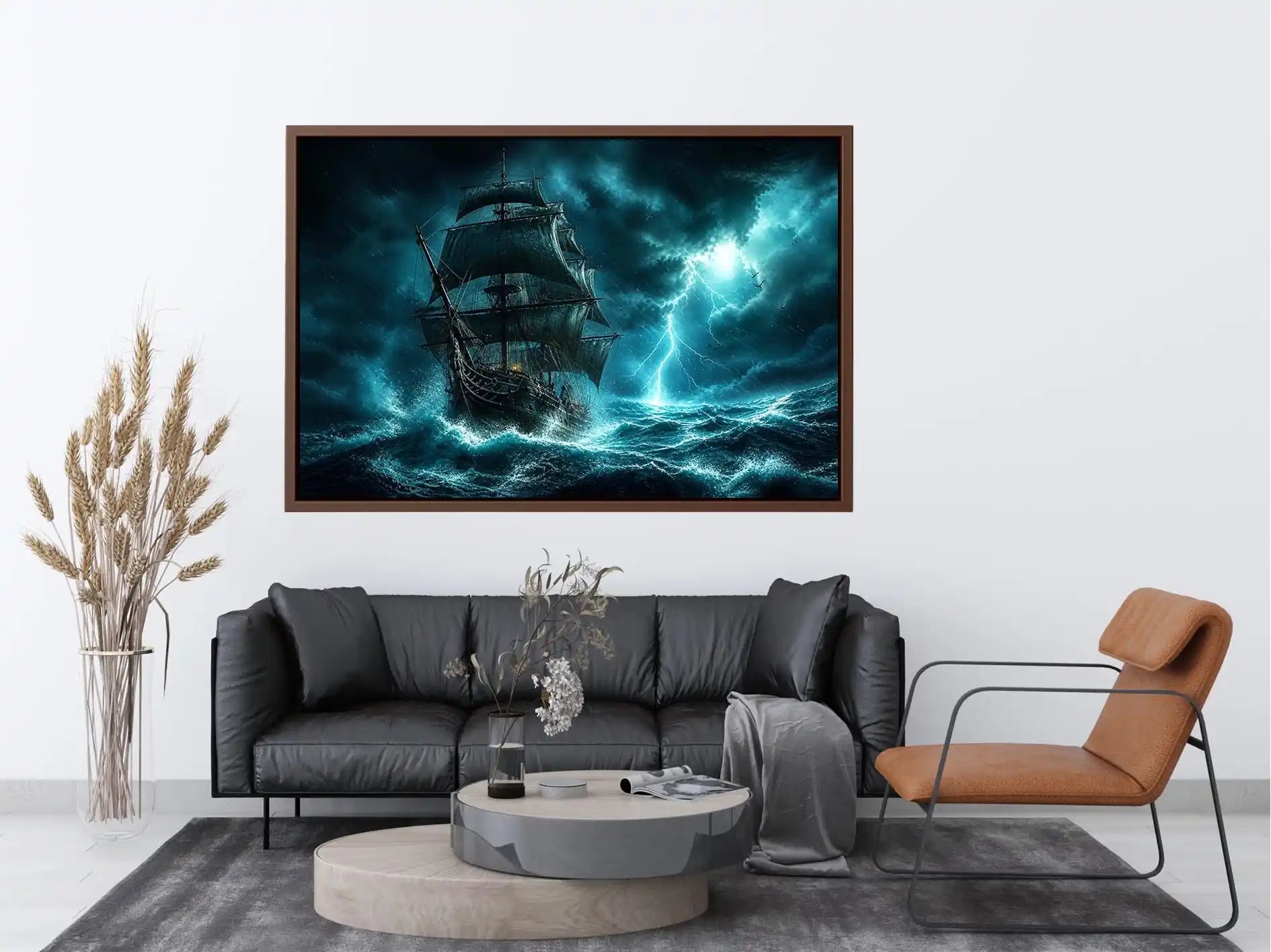 Sailing ship in stormy ocean with lightning dramatic cinematic luxury wall art