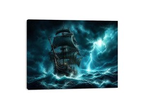 Sailing ship in stormy ocean with lightning dramatic cinematic luxury wall art