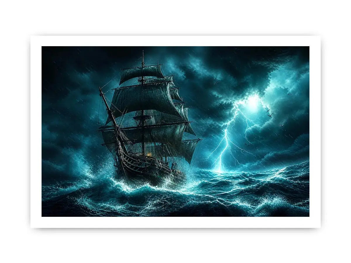 Sailing ship in stormy ocean with lightning dramatic cinematic luxury wall art