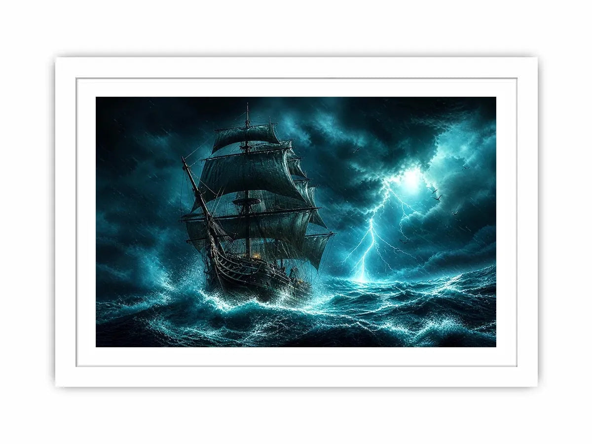 Sailing ship in stormy ocean with lightning dramatic cinematic luxury wall art