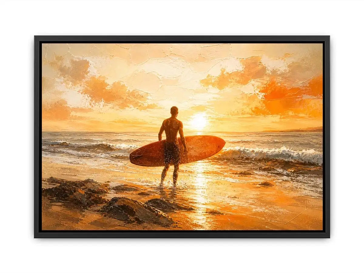 Abstract surfer beach sunset painting with warm orange tones modern coastal wall art canvas for living room decor