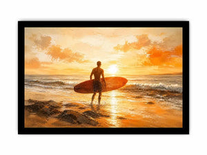 Abstract surfer beach sunset painting with warm orange tones modern coastal wall art canvas for living room decor
