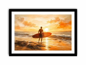 Abstract surfer beach sunset painting with warm orange tones modern coastal wall art canvas for living room decor
