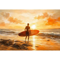 Abstract surfer beach sunset painting with warm orange tones modern coastal wall art canvas for living room decor