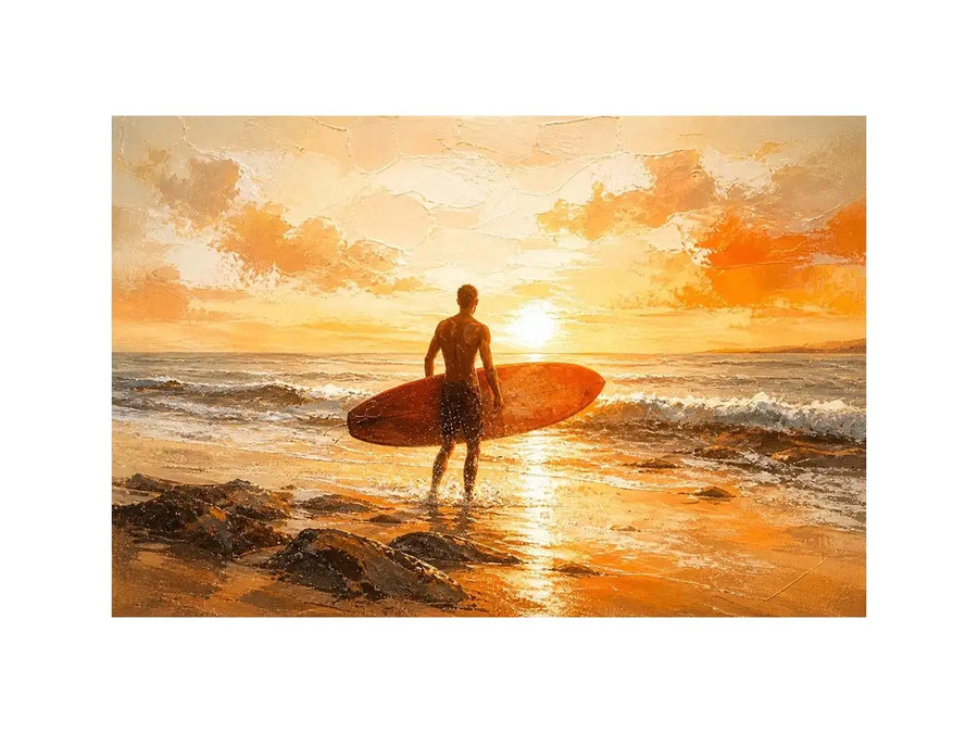 Abstract surfer beach sunset painting with warm orange tones modern coastal wall art canvas for living room decor