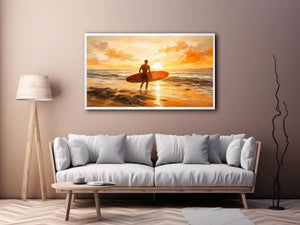 Abstract surfer beach sunset painting with warm orange tones modern coastal wall art canvas for living room decor