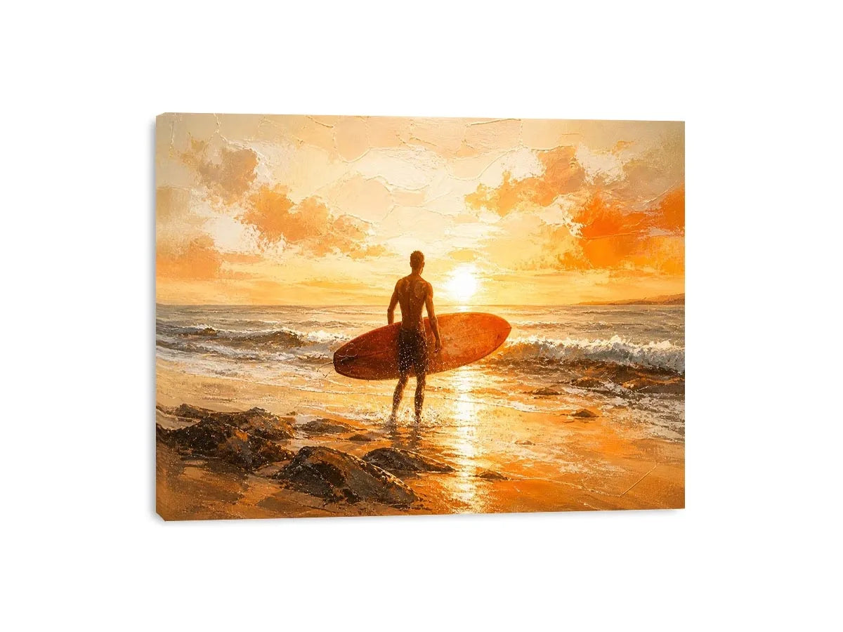 Abstract surfer beach sunset painting with warm orange tones modern coastal wall art canvas for living room decor