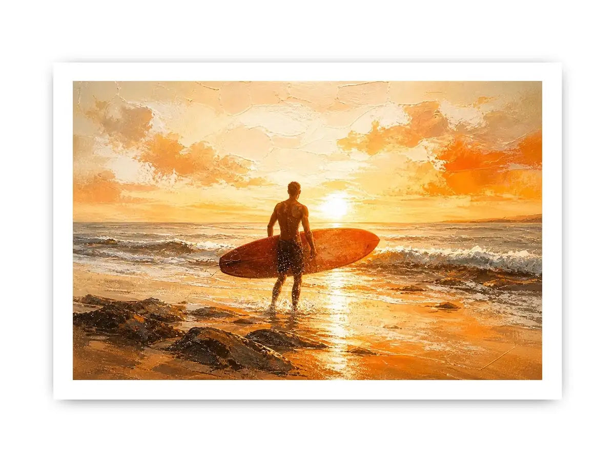 Abstract surfer beach sunset painting with warm orange tones modern coastal wall art canvas for living room decor