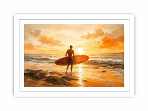 Abstract surfer beach sunset painting with warm orange tones modern coastal wall art canvas for living room decor
