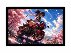 Anime biker girl riding red motorcycle with cherry blossoms modern vibrant wall art canvas for bedroom and gaming room decor