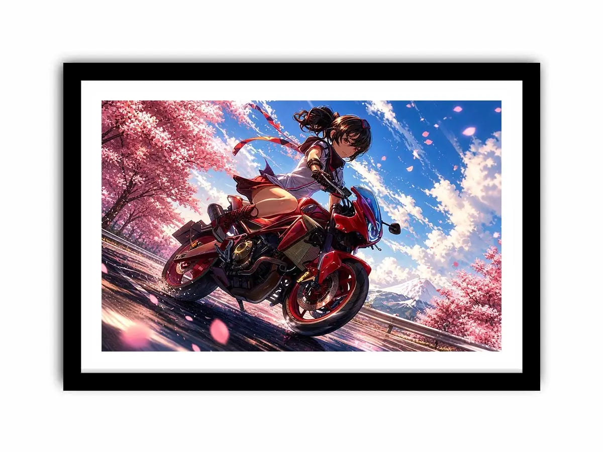 Anime biker girl riding red motorcycle with cherry blossoms modern vibrant wall art canvas for bedroom and gaming room decor