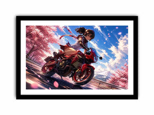 Anime biker girl riding red motorcycle with cherry blossoms modern vibrant wall art canvas for bedroom and gaming room decor
