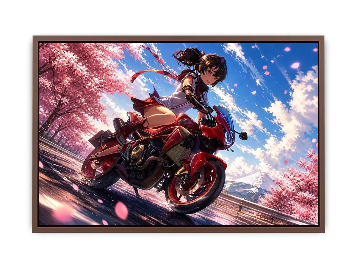 Anime biker girl riding red motorcycle with cherry blossoms modern vibrant wall art canvas for bedroom and gaming room decor