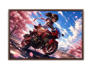 Anime biker girl riding red motorcycle with cherry blossoms modern vibrant wall art canvas for bedroom and gaming room decor