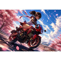 Anime biker girl riding red motorcycle with cherry blossoms modern vibrant wall art canvas for bedroom and gaming room decor