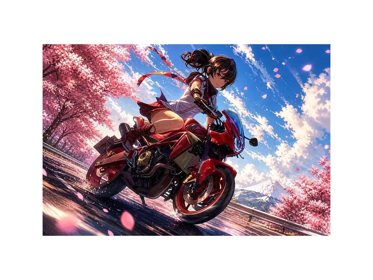 Anime biker girl riding red motorcycle with cherry blossoms modern vibrant wall art canvas for bedroom and gaming room decor