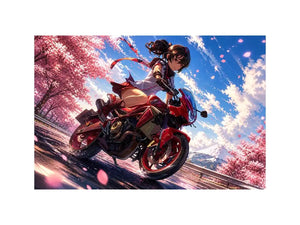 Anime biker girl riding red motorcycle with cherry blossoms modern vibrant wall art canvas for bedroom and gaming room decor