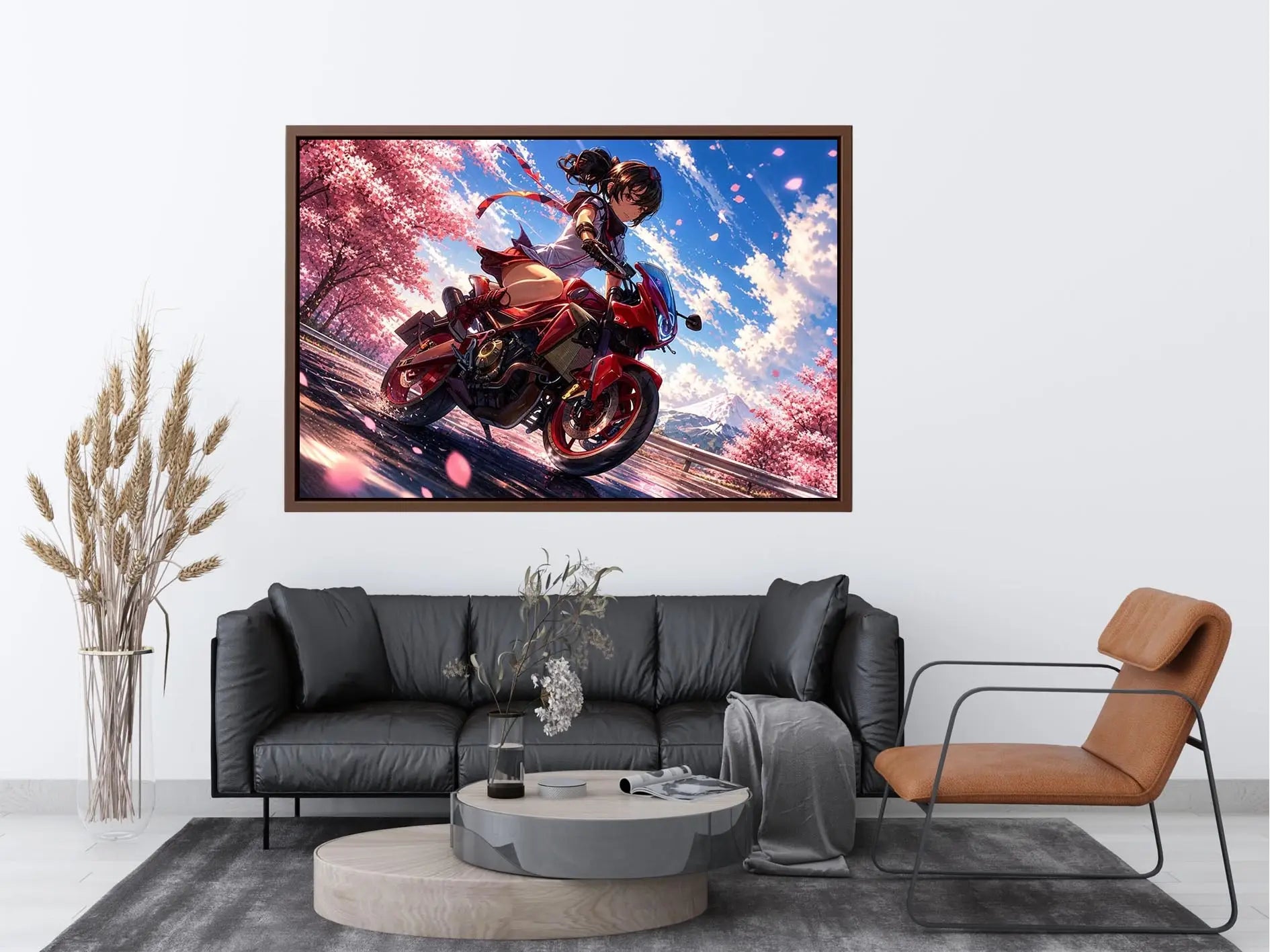 Anime biker girl riding red motorcycle with cherry blossoms modern vibrant wall art canvas for bedroom and gaming room decor
