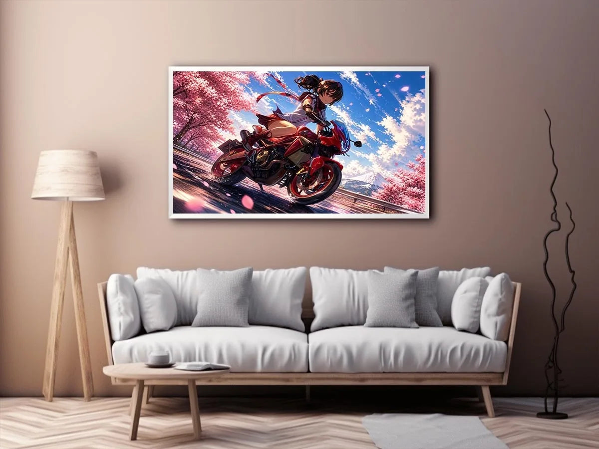 Anime biker girl riding red motorcycle with cherry blossoms modern vibrant wall art canvas for bedroom and gaming room decor