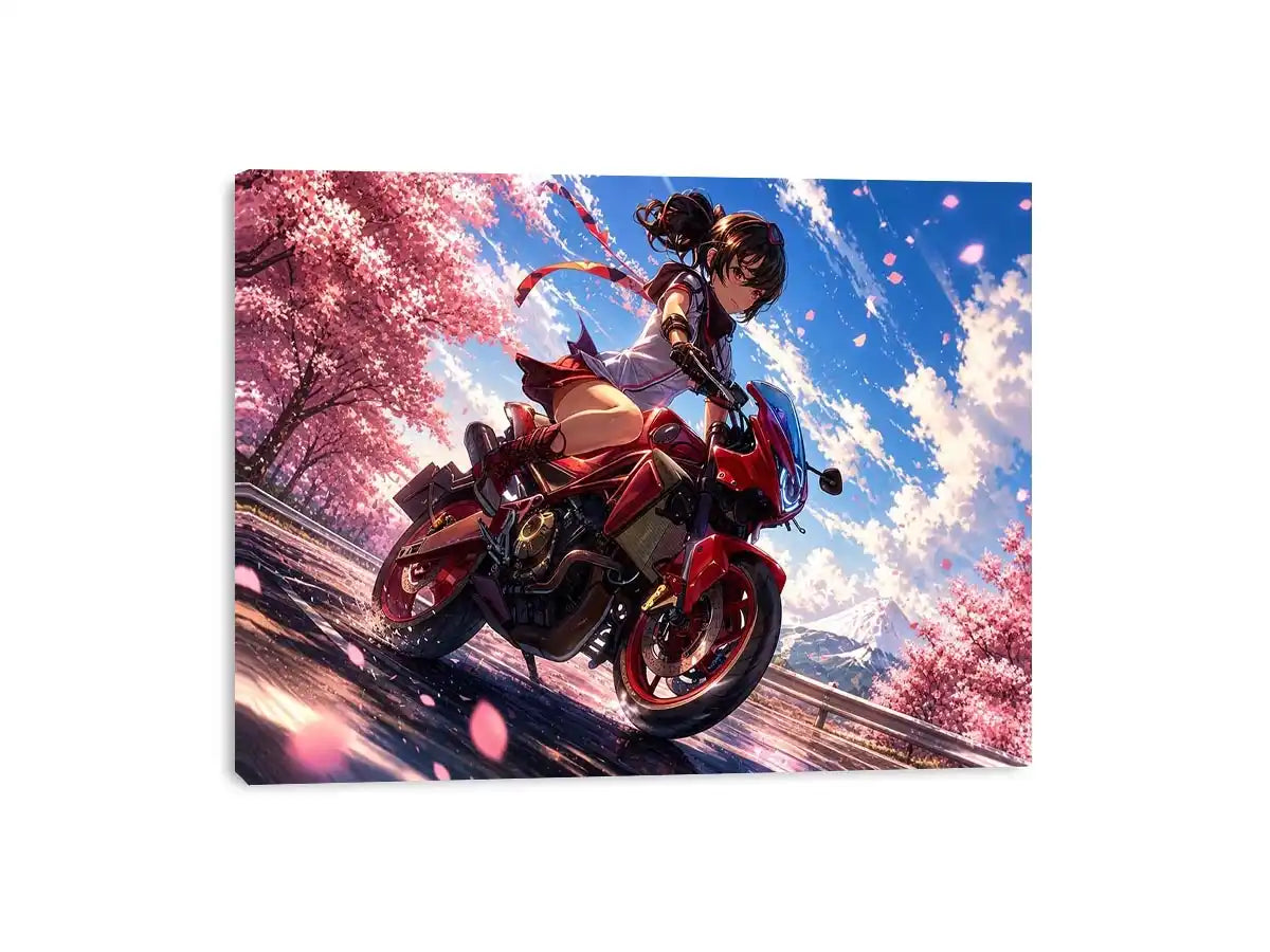 Anime biker girl riding red motorcycle with cherry blossoms modern vibrant wall art canvas for bedroom and gaming room decor