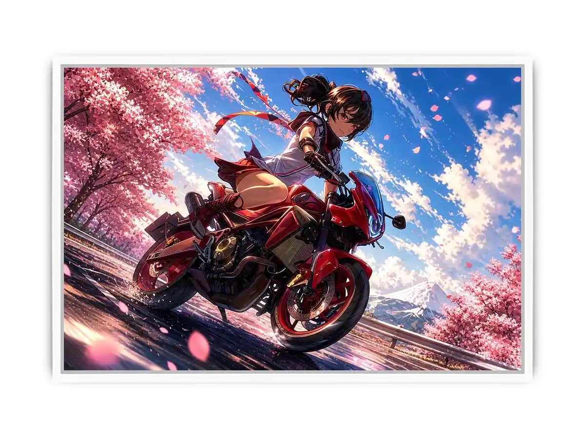 Anime biker girl riding red motorcycle with cherry blossoms modern vibrant wall art canvas for bedroom and gaming room decor