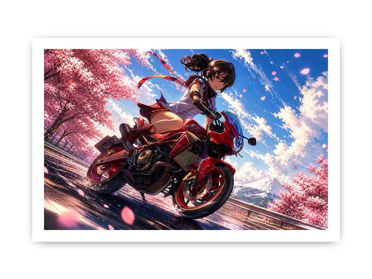 Anime biker girl riding red motorcycle with cherry blossoms modern vibrant wall art canvas for bedroom and gaming room decor