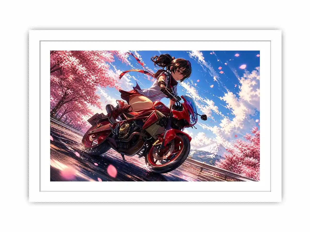 Anime biker girl riding red motorcycle with cherry blossoms modern vibrant wall art canvas for bedroom and gaming room decor