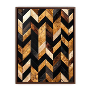 Modern geometric wood chevron pattern wall art with black and natural wood tones vertical canvas for living room and office decor