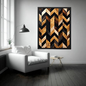 Modern geometric wood chevron pattern wall art with black and natural wood tones vertical canvas for living room and office decor