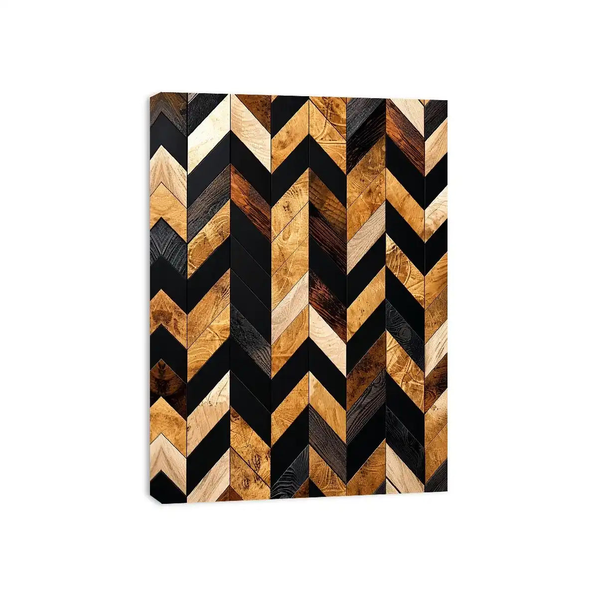 Modern geometric wood chevron pattern wall art with black and natural wood tones vertical canvas for living room and office decor