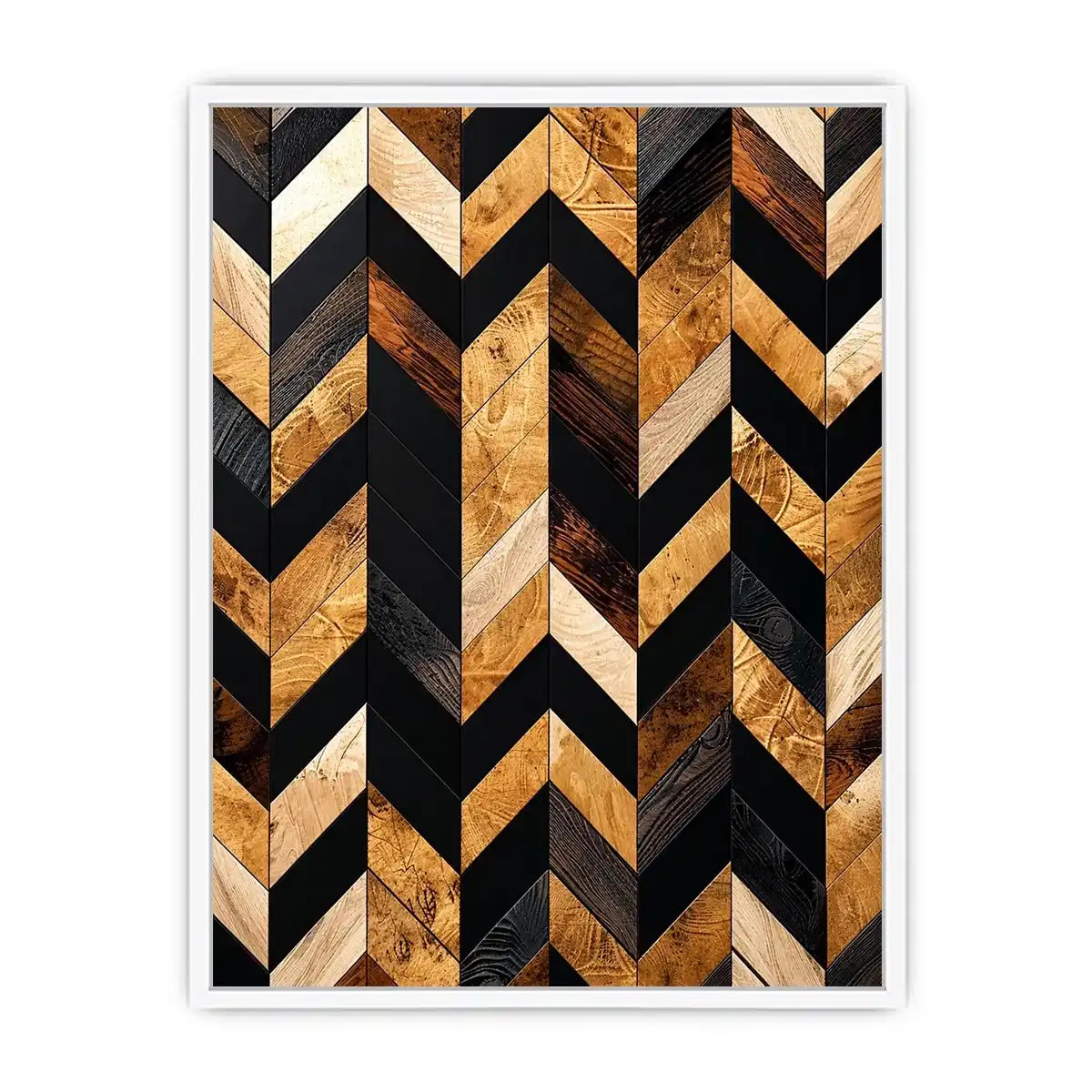 Modern geometric wood chevron pattern wall art with black and natural wood tones vertical canvas for living room and office decor