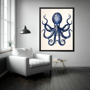 Minimal blue octopus illustration wall art with clean nautical design