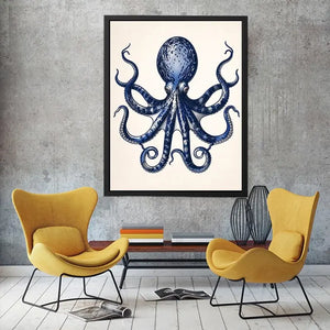 Minimal blue octopus illustration wall art with clean nautical design
