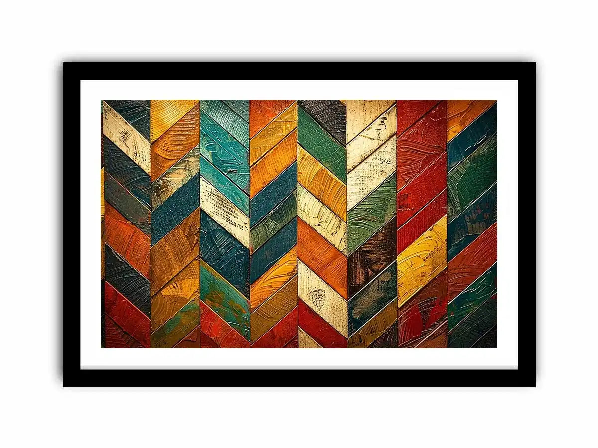 Colorful abstract chevron pattern wall art with textured paint in teal orange red tones modern canvas for living room decor