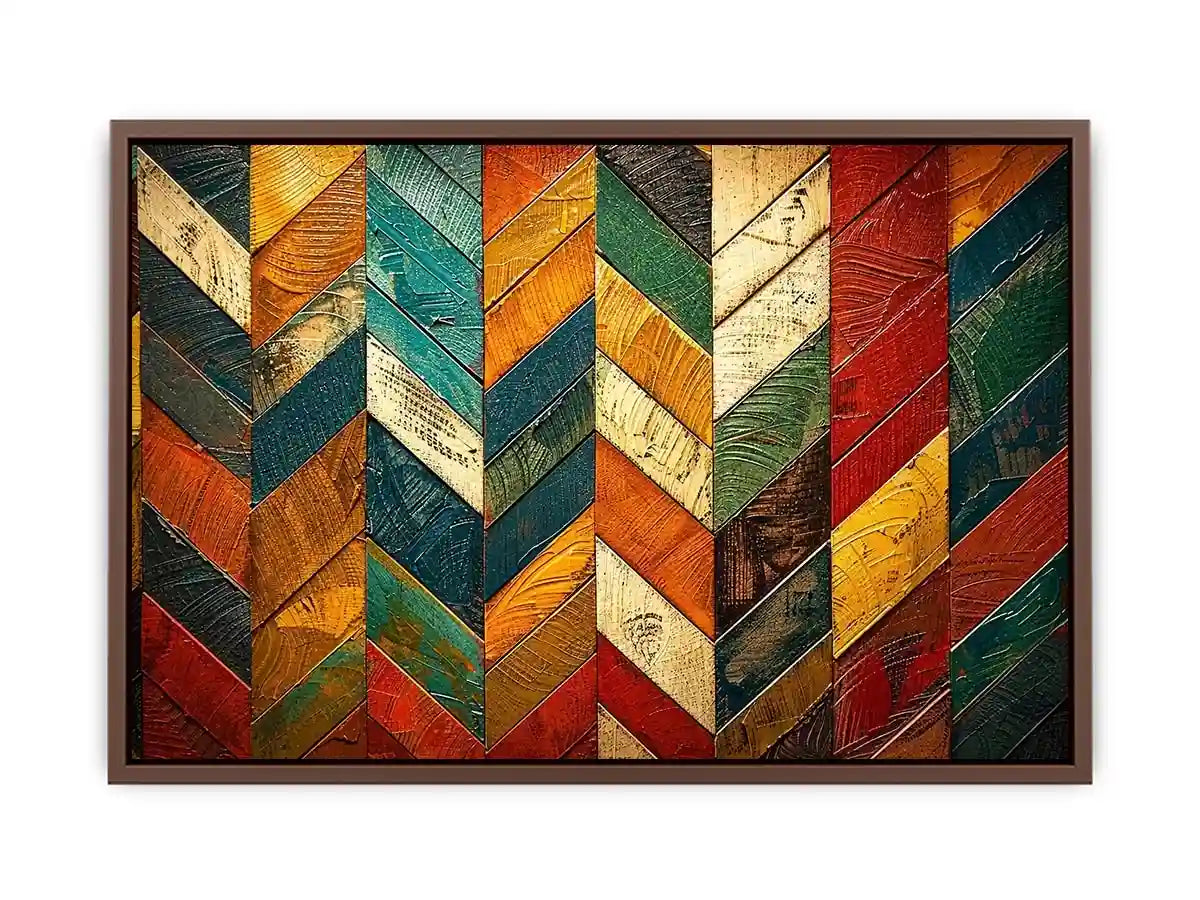 Colorful abstract chevron pattern wall art with textured paint in teal orange red tones modern canvas for living room decor
