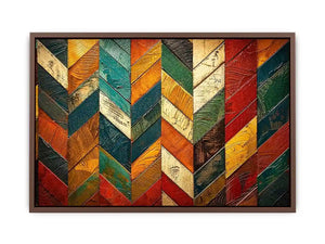 Colorful abstract chevron pattern wall art with textured paint in teal orange red tones modern canvas for living room decor
