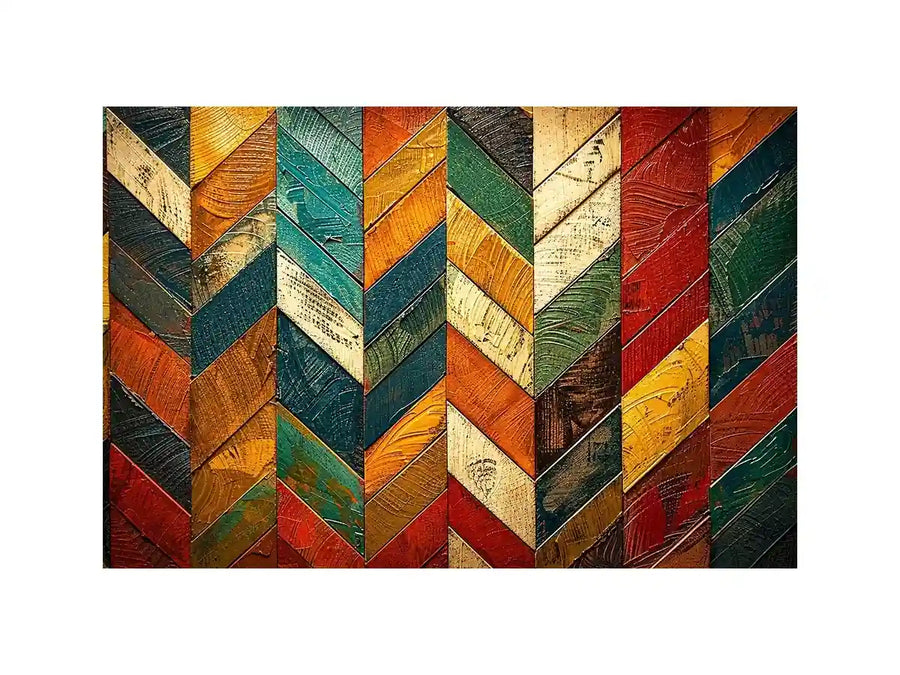 Colorful abstract chevron pattern wall art with textured paint in teal orange red tones modern canvas for living room decor