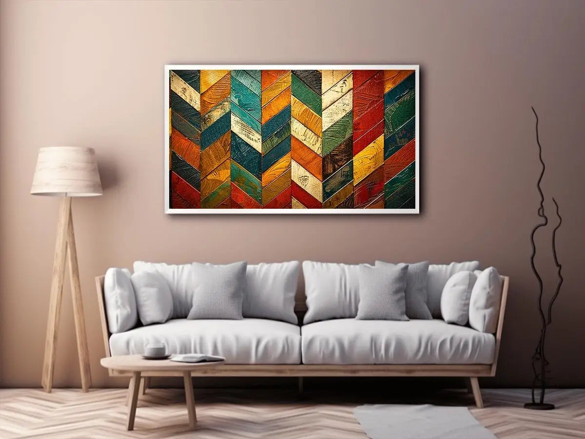 Colorful abstract chevron pattern wall art with textured paint in teal orange red tones modern canvas for living room decor