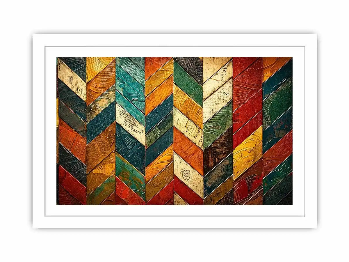 Colorful abstract chevron pattern wall art with textured paint in teal orange red tones modern canvas for living room decor