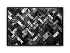 Black and white herringbone geometric pattern wall art with textured tiles modern canvas for living room and office decor