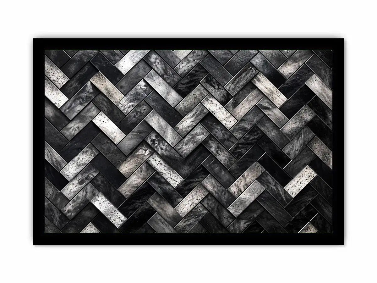 Black and white herringbone geometric pattern wall art with textured tiles modern canvas for living room and office decor