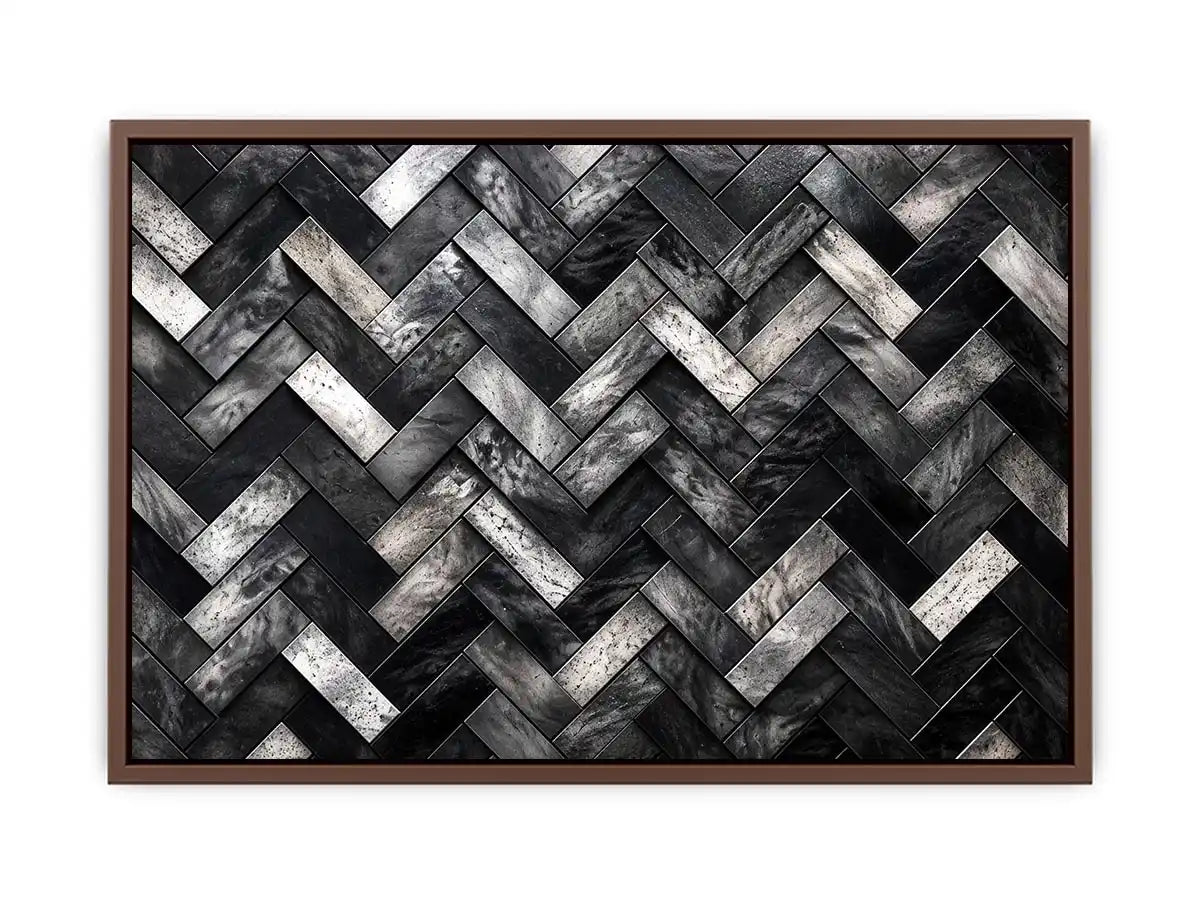 Black and white herringbone geometric pattern wall art with textured tiles modern canvas for living room and office decor